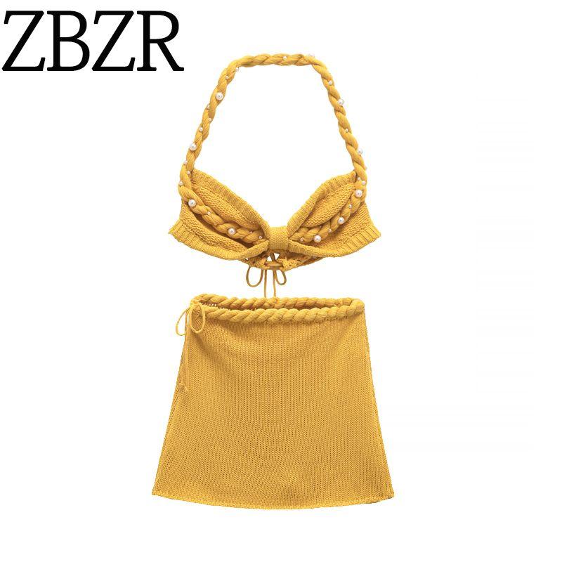 Zbzr Spring New Arrival Women's Clothing Fashion Artificial Jewelry Inlaid Hand-Woven Halterneck Vest Mini Skirt Suit