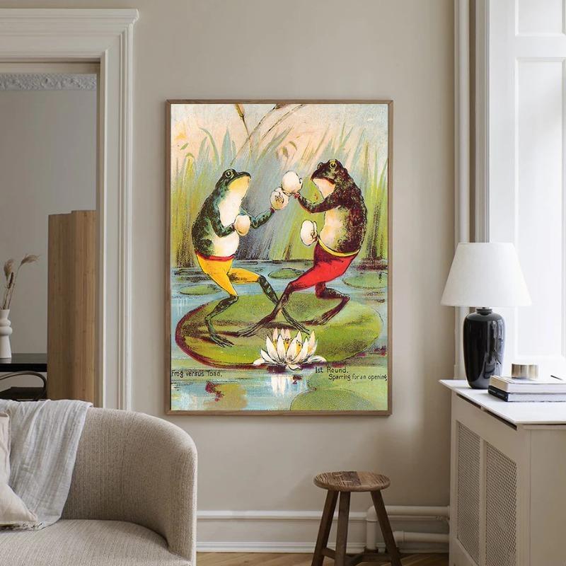 Japanese Vintage Colorful Funny Frog Playing Banjo Singing Frog Chorus Poster Canvas Painting Wall Art Living Room Home Decor