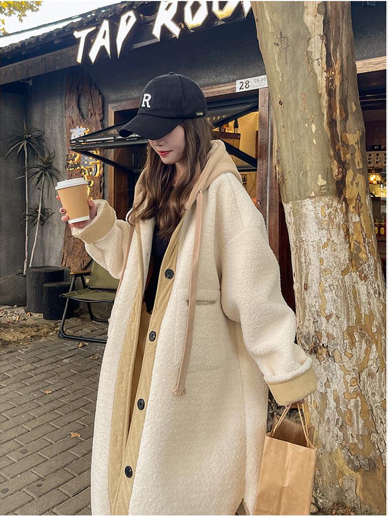 Jasnoszary Płaszcz Damski Zimowy Jesienny z Kapturem ze Sztucznego Futra Luźny Lenistwo Średniej Długości Bawełniany Gruba Pluszowa Kurtka Modny