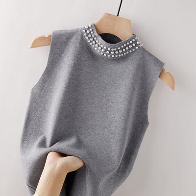 Beaded Half High Collar Women Vest Spring Bottomed Shirt Knit Slim Top
