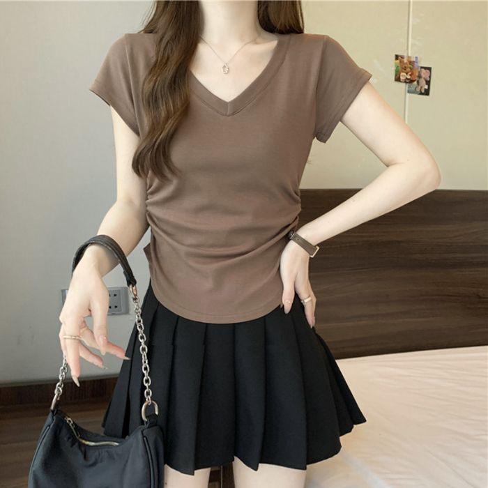 

2025 Женский топ с V-образным вырезом, приталенный, с коротким рукавом - Острая девушка, чистый соблазн Small коричневый