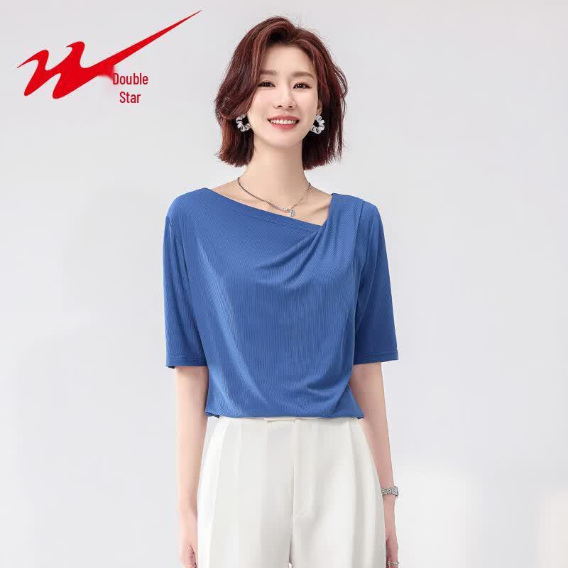 Shuangxing Women s Silk Blend Ribbed Cowl Neck T-Shirt M синий