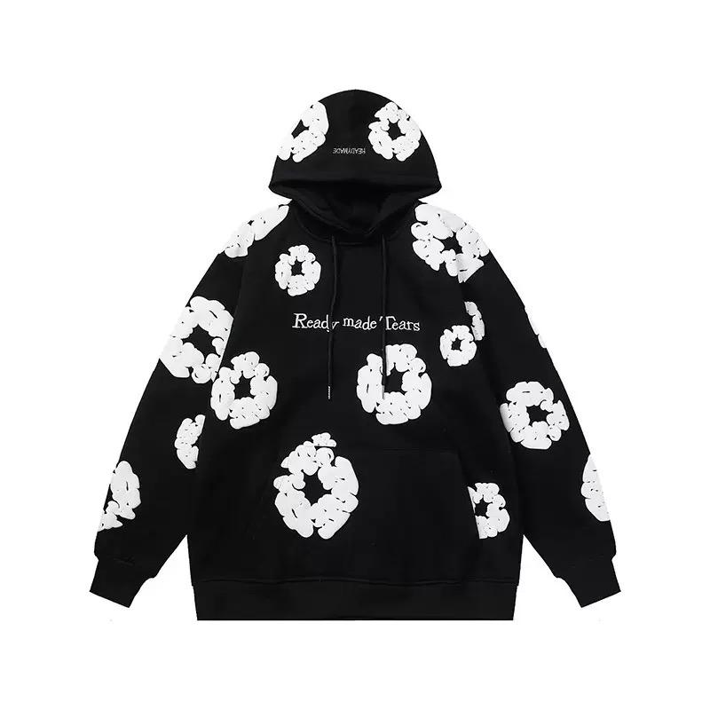 RogueWave Autumn and Winter Black Hooded Flower Print Sweatshirt White Flower Pattern Men's Casual Top