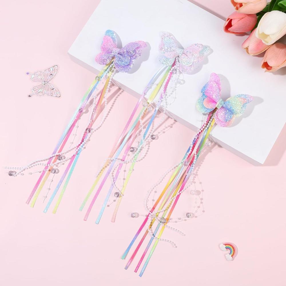2Pcs Glitter Butterfly Hair Clips Long Tassel Kids Barrette Performance Accessories