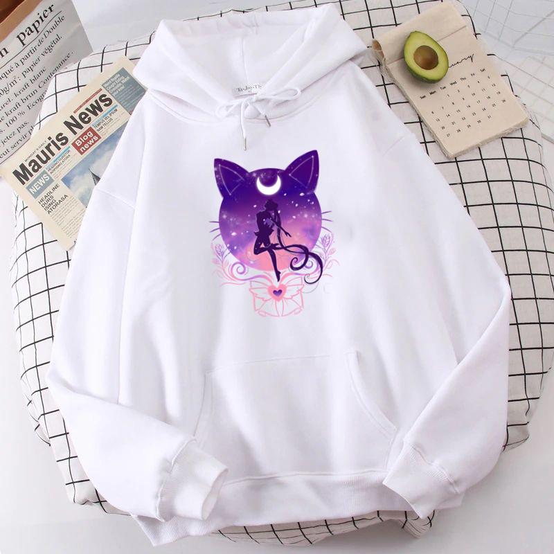 Vintage Anime Hoodies Women Sweatshirts Printed Cat Moon Long Sleeve Kawaii Hoodie Cartoon Tops Graphic Female Clothing