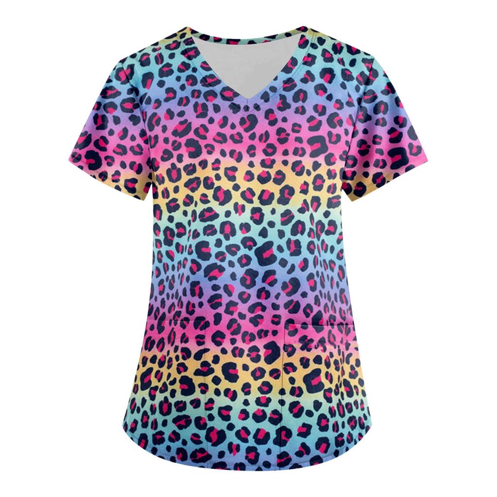 Women's Fashion V-neck Short Sleeve Workwear With Pockets Printed Tops