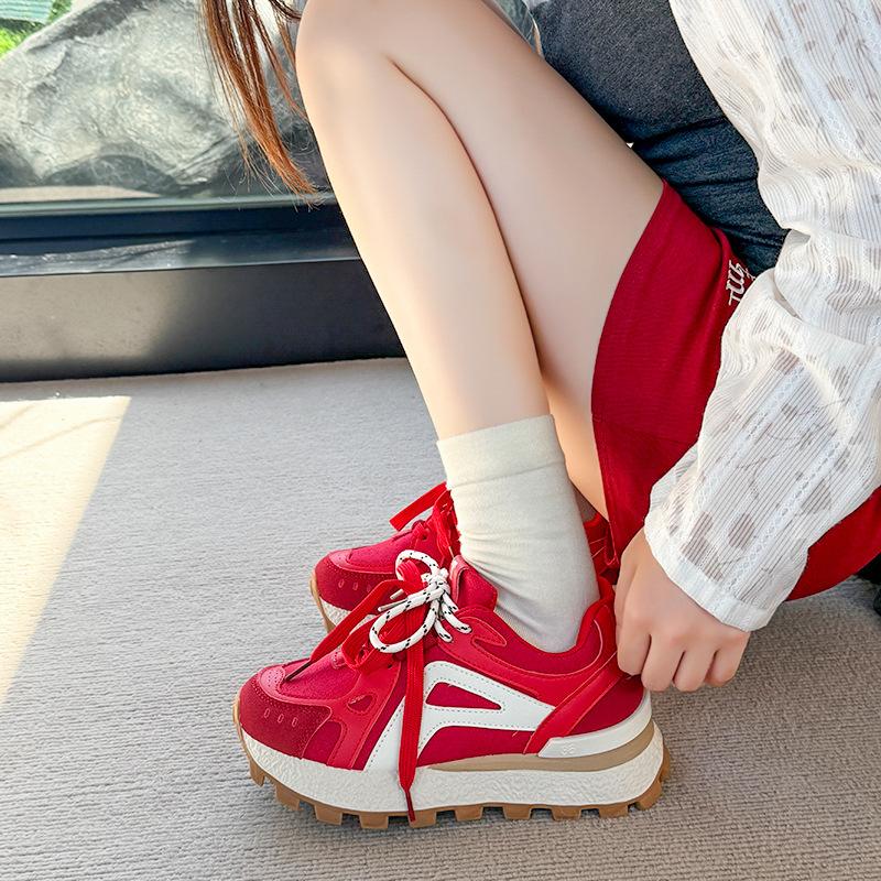 Red Thin German Training Shoes Women's Inner Height Increase of 6cm Spring and Autumn Thick Sole Versatile Small Trend Sports and Leisure Shoes