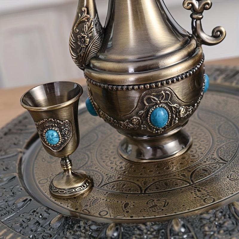 1 Set Retro High-end Inlaid Gemstone Metal Teaware Wineware Drinkware Set Hotel Restaurant On Tea Wine Props. Contains 1pcs Pot 1pcs Tray 6pcs Cups Su
