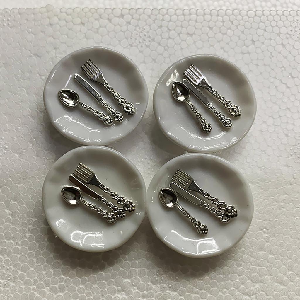 4Set Miniature Dollhouse Tableware Set for 1/12 Scale Dollhouse with Plates and Cutlery Set Dollhouse Decoration