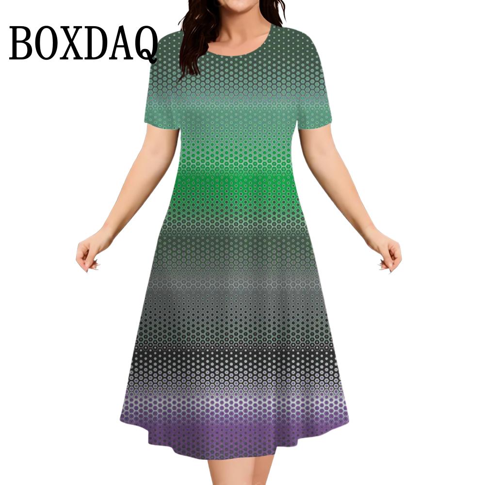 2026 Neue Damenkleider Sommer Mode Gestreift Gradient 3D Druckkleid Lässig Rundhals Kurzarm Locker Übergröße Kleid