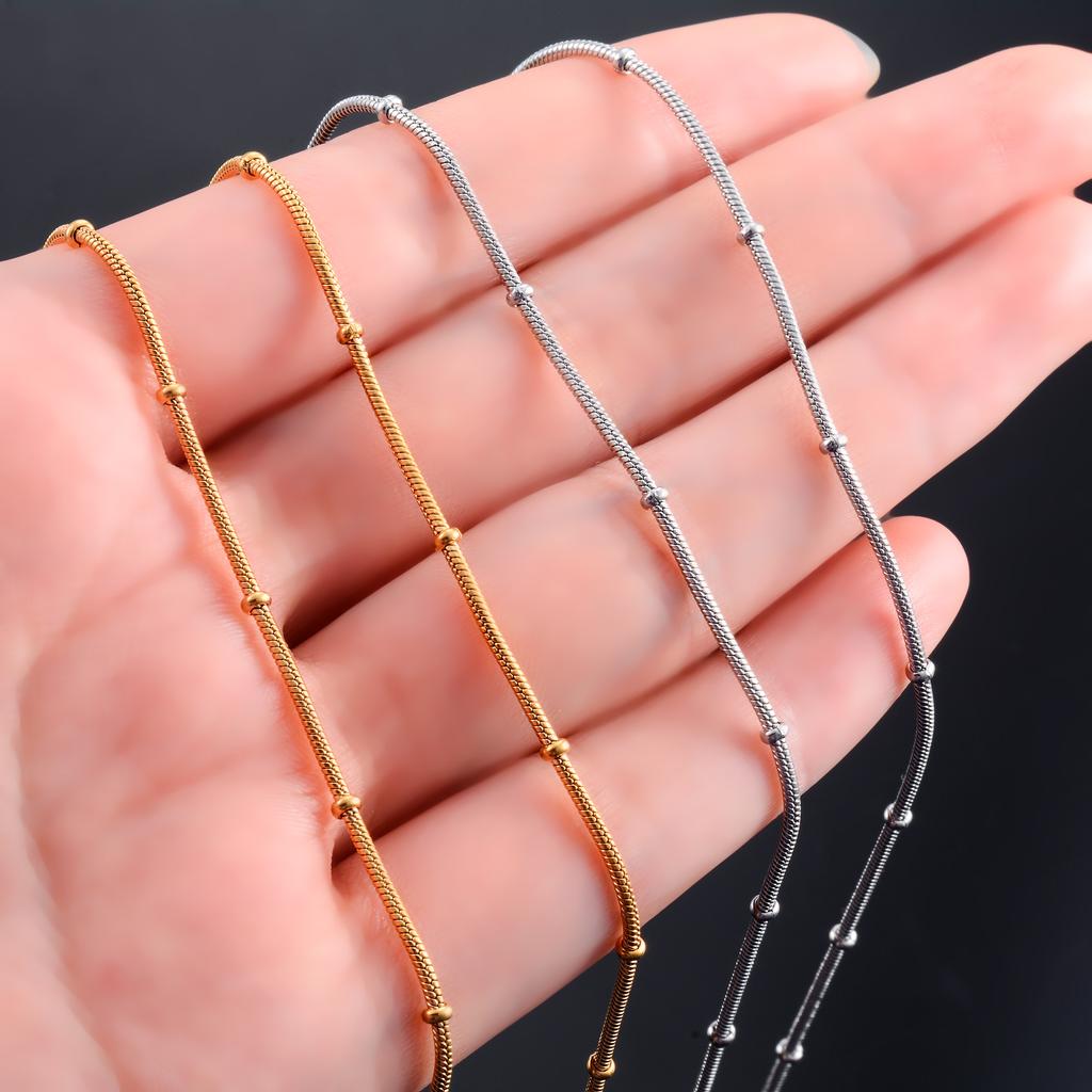 Thin Stainless Steel Round Snake Chain with Bead Necklace for Women Ladies Gold/Copper Color Choker On Neck Jewelry Accessories