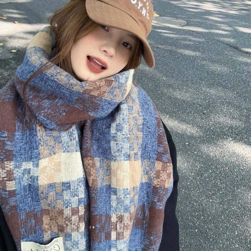 High-End Temperament Atmospheric Blue Plaid Scarf Women's Winter Versatile Thickened Couple Warm Student Neck Warmer
