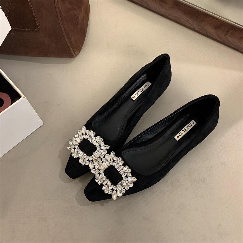 Retro Suede Rhinestone Square Buckle Flat-soled Single Shoes for Women's 2025 Spring and Autumn New French Square Head Shallow Mouth Soft-soled Doud