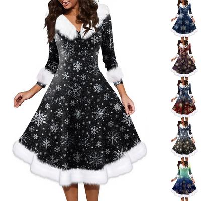 Women's Fashion V-neck Casual Fit Christmas Print Party Long Sleeve Dress