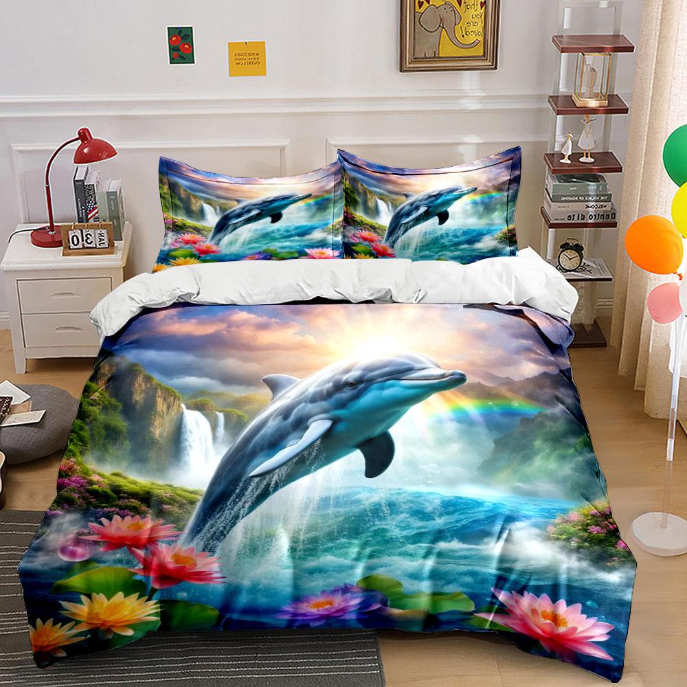 Dolphin Leaping Over Waterfall with Lotus Bedding Set for Kids Luxury Gift 3pcs Digital Print Comforter Set Soft Comfortable