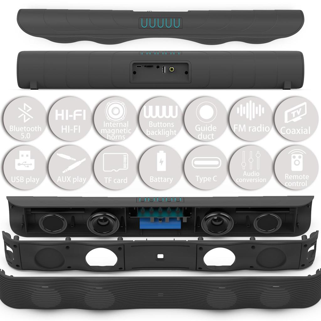 Wireless Bluetooth Sound Bar Speaker Wired Surround Stereo Home Theater TV System TF Card USB Play Remote Control Power Sound Speaker