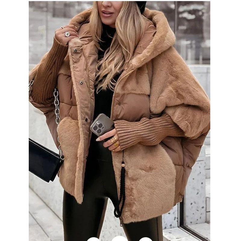 Cross-Border European and American Amazon Autumn and Winter Women New Loose Hood Stitching Sleeves down Jacket Cotton-padded Clothes Outerwear Coat