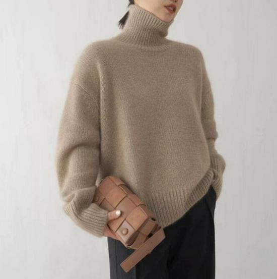 Pull Pull-over Lâche en Maille Haut Col Montant Européen Automne/Hiver pour Femme - Haut de Base Polyvalent Style Décontracté