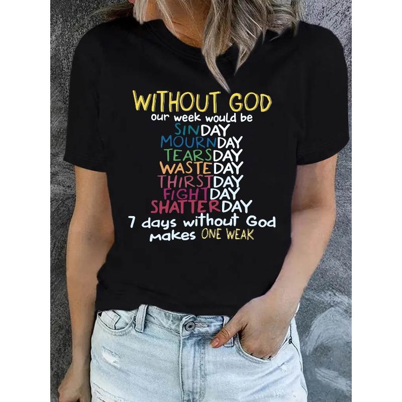 

Women s Christian-Themed T-Shirt Suitable for Seasons - Short Sleeve Crew Neck Blouse Top with Verse Lettering & Religious Print, S чёрный