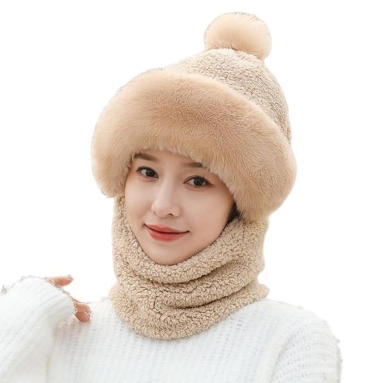 Yousheng Women Winter Hat with Integrated Scarf Cold-proof Front Cover Thick Plush Warm Full Protection Outdoor Cycling Travel Cold Weather Cap