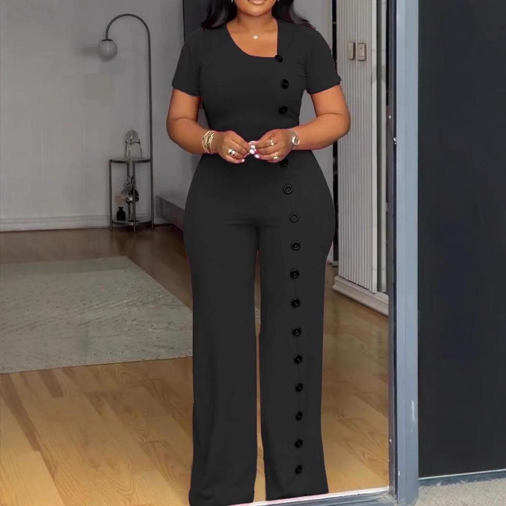 Irregular Neckline Waist-Gathering Wide-Leg Jumpsuit