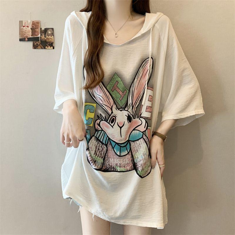 

Plus Size Wrinkle-Resistant Ice Silk Rabbit Print Hooded Short-Sleeve T-Shirt, Women s Spring/Summer Loose Slimming Top. XL (121-140 jin) білий