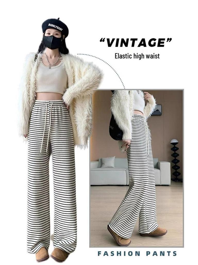 Women's High Waist Black & White Striped Petite Wide Leg Pants - Fleece Lined for Autumn/Winter