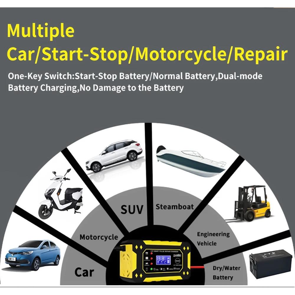 6A 12V Car Battery Charger Pulse Repair LCD Display Smart Fast Charge AGM Deep Cycle GEL Lead-Acid Charger for Auto Motorcycle