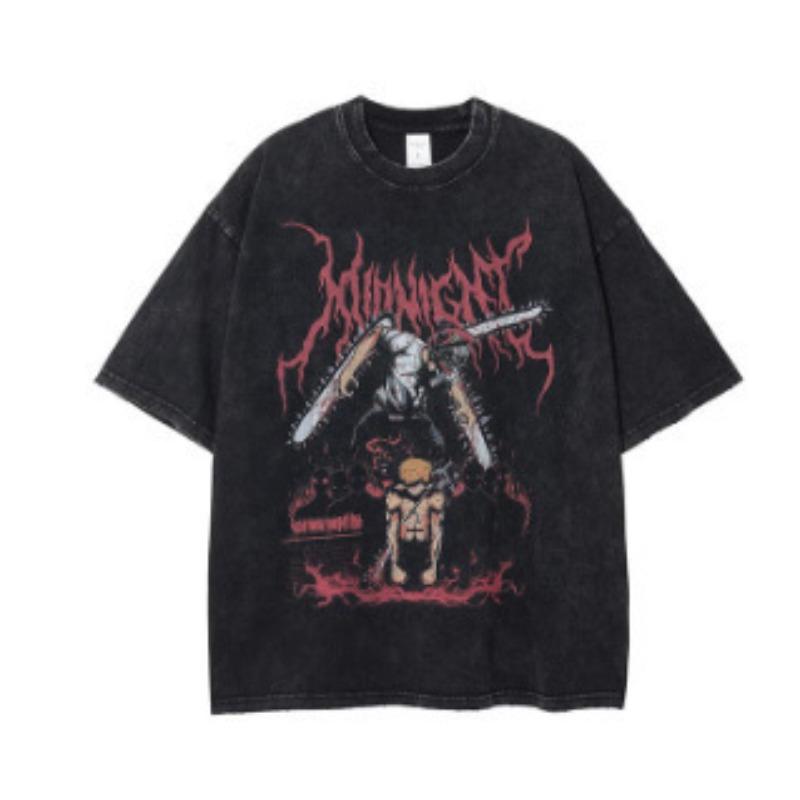 Summer New Pure Cotton Tide Brand American Retro Men's Clothing Washed Old Chainsaw Man Animation Loose T-shirt Men and Women Ins