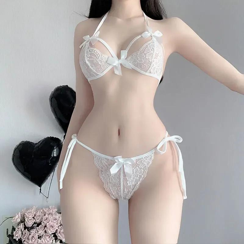 Women's Sexy Underwear Set 2-piece Exotic Set Sexy Lace Bra Bandage Panties + Stockings Erotic Transparent Bra Set