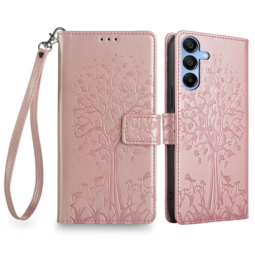 

For Samsung Galaxy A15 4G/A15 5G Magnetic Case Imprinted Deer Tree Pattern Cover with Hand Strap Rose Gold