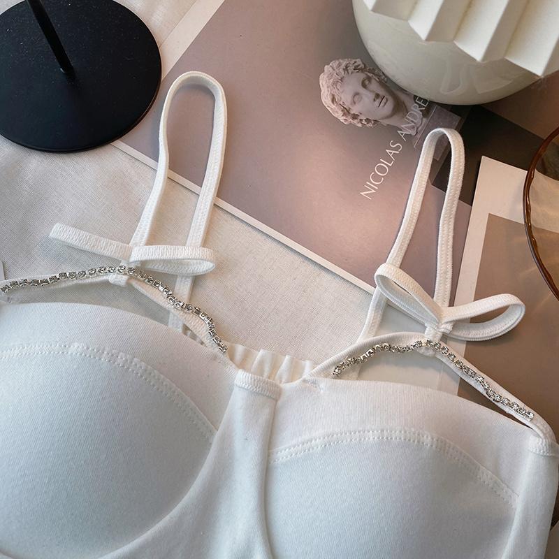 One-piece Cup Anti-slip Camisole Vest For Women Sweet And Hot Sexy Ruched Diamond Decorated Base Layer Inner Wear Bandeau Underwear