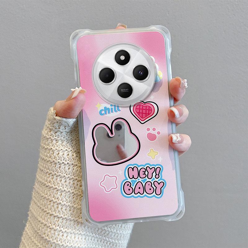 KEYSION Crossbody Strap Phone Case for Redmi 14C Cute Cartoon Long Lanyard Mirror Shockproof Cover for Xiaomi POCO C75
