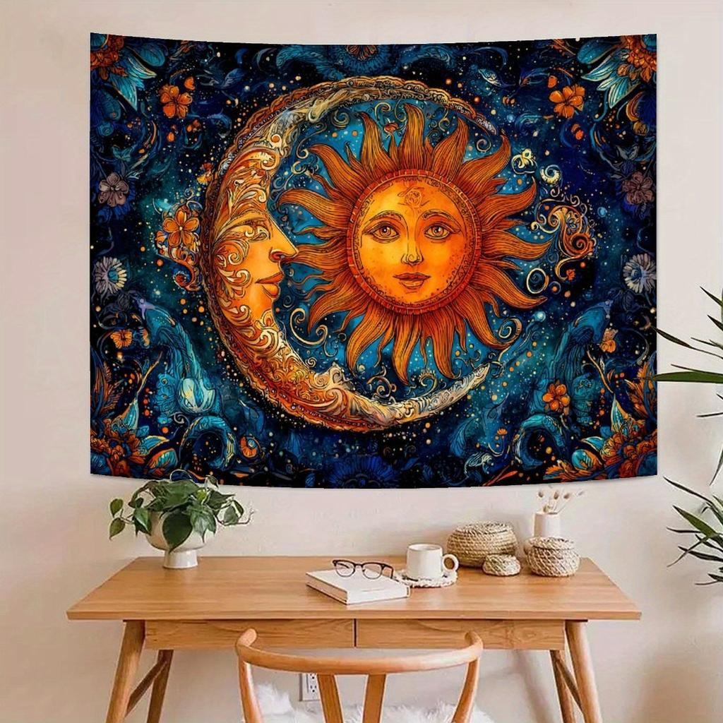 1pc Starry Sun and Moon Tapestry, Polyester Fabric, Machine Washable, Suitable for Bedroom and Living Room Decoration