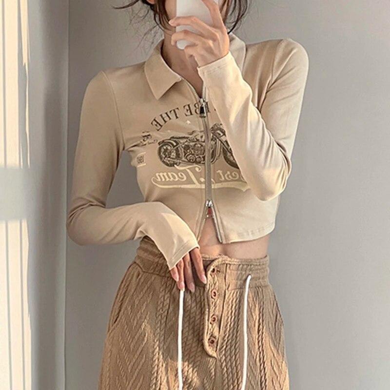 

Женская футболка с буквенным принтом, корейский укороченный топ на молнии, осенние футболки с длинными рукавами-поло, футболки в американском стиле ретро, ​​Femme Y2k, винтажная одежда XL бежевый