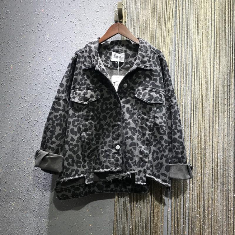 Vintage Leopard Print Denim Jacket Women Loose Fit Casual Streetwear Petite Girls