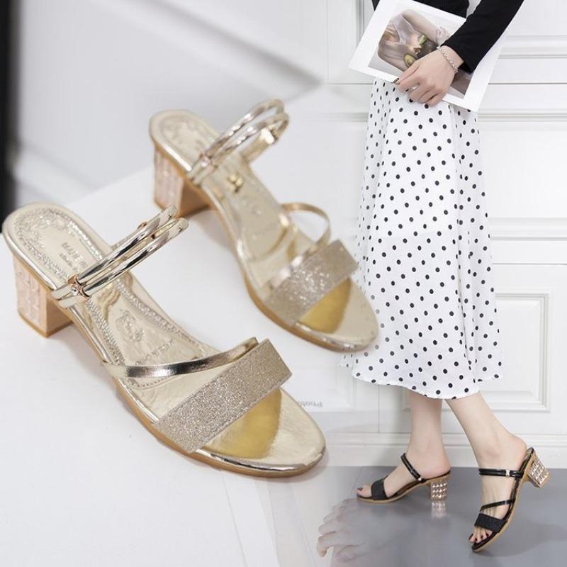 Summer New Sandals Women's Thick Heel Open Toe Middle Heel with One Shoe Two Wear Thick Heel Sandals Women's Shoes