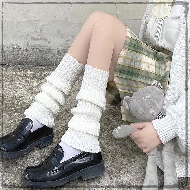 Women's Korean Style Knit Wool Leg Warmers - White Calf Socks for Autumn & Winter