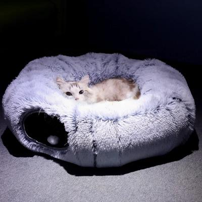 2 In 1 Round Cat Beds House Funny Cat Tunnel Toy Soft Long Plush Dog Bed For Small Dogs Basket Kittens Bed Mat Kennel Deep Sleep