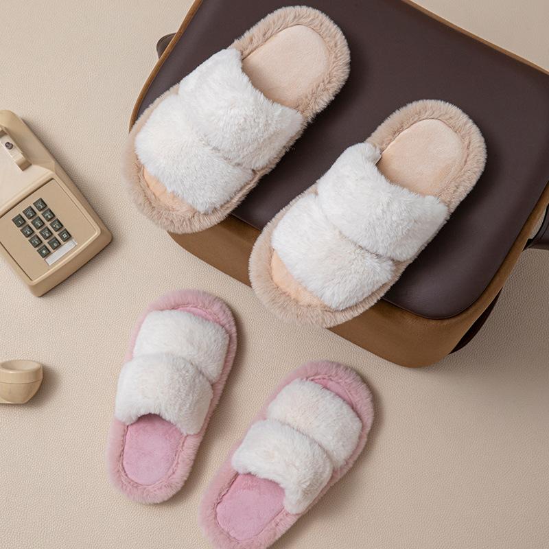 Fashion Fashion  Fur Slippers Women Indoor Light Warm Plush Home Slippers Woman Faux Fur Flat Heel Couple Slides  Pantuflas Mujer
