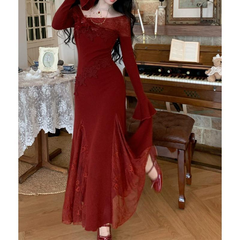 Flo's Dream, Beautiful, Gentle Pink Temperament, Slim Lace Embroidered Knitted Dress, Fishtail Dress