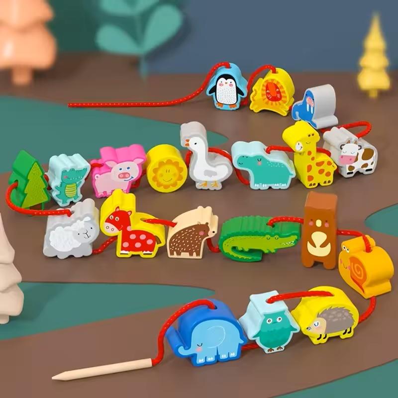 Baby Monterssori Diy Wooden Toys Cartoon Fruit Animal Stringing Threading Wooden Beads Educational Toys For Kids Christmas Gift
