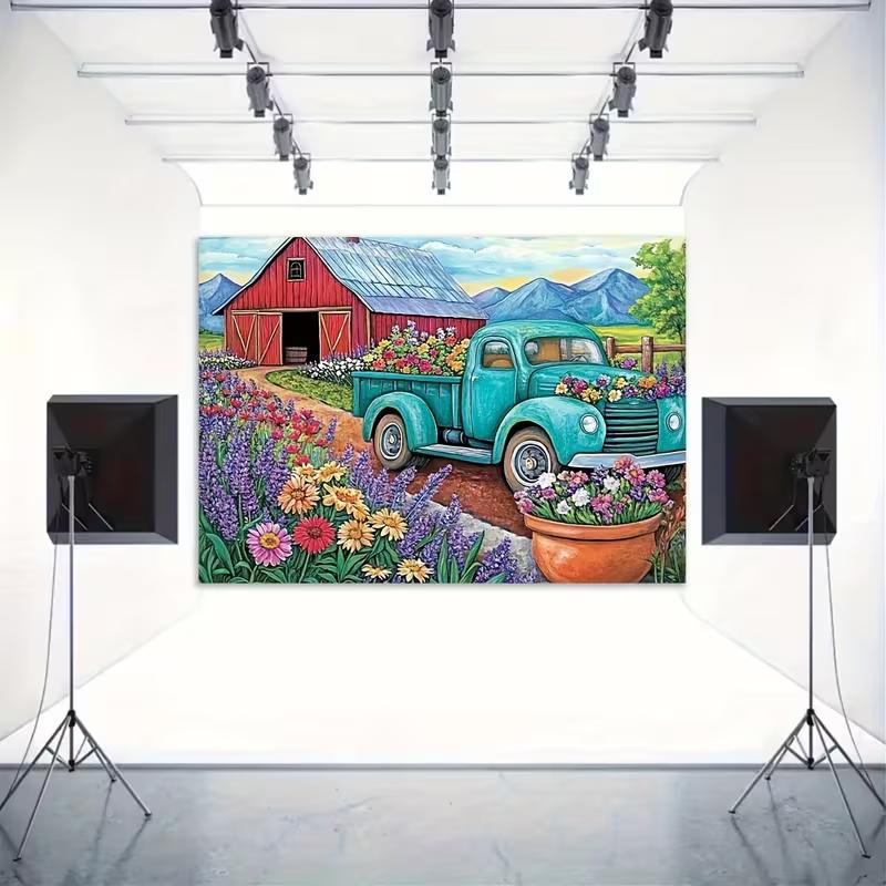 2D Rustic Farm Barn and Teal Truck Backdrop for Spring Party Photoshoot