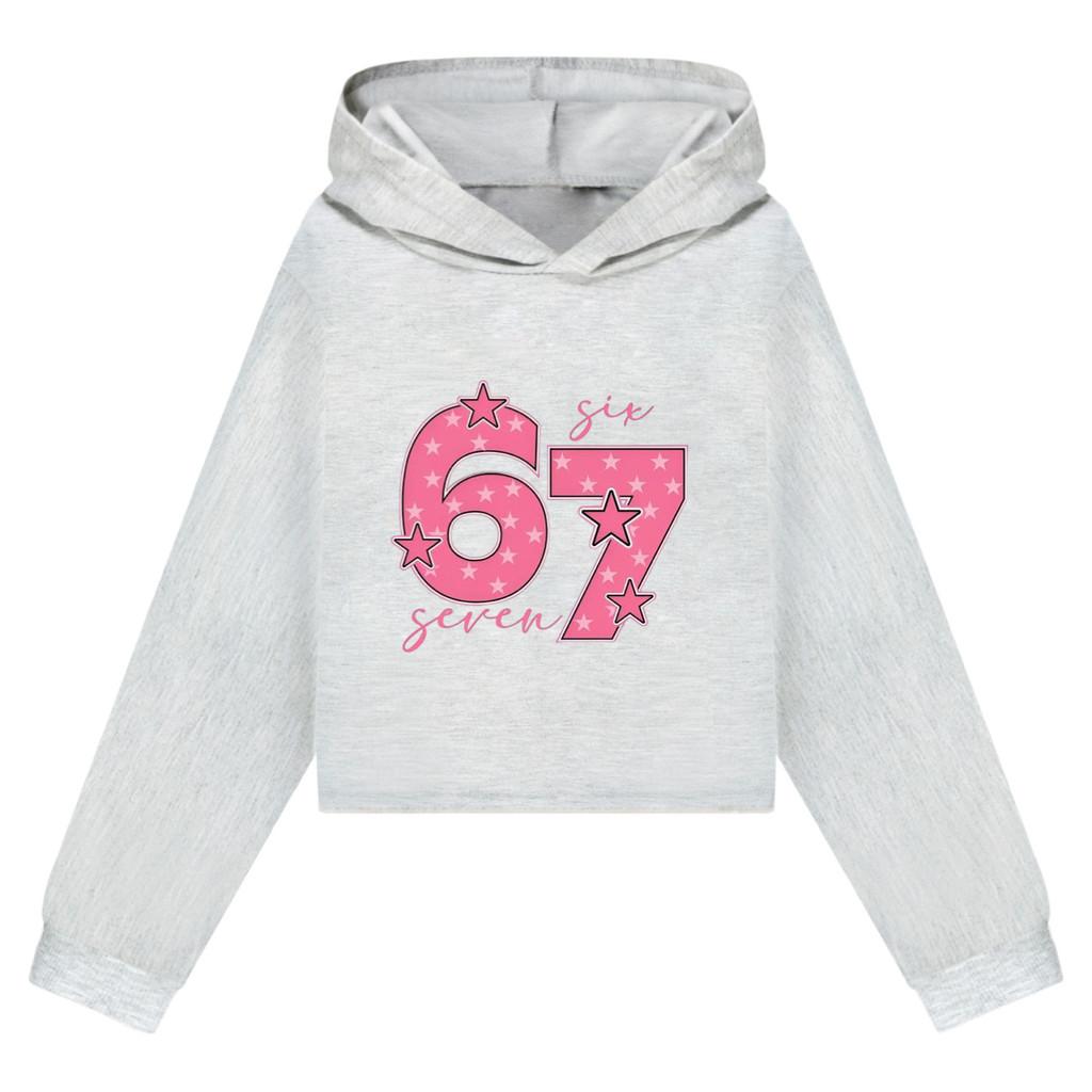 5291 Barnflickor Steal a Brainrot 67 Mönstrade Casual Långärmade Korta Hoodies