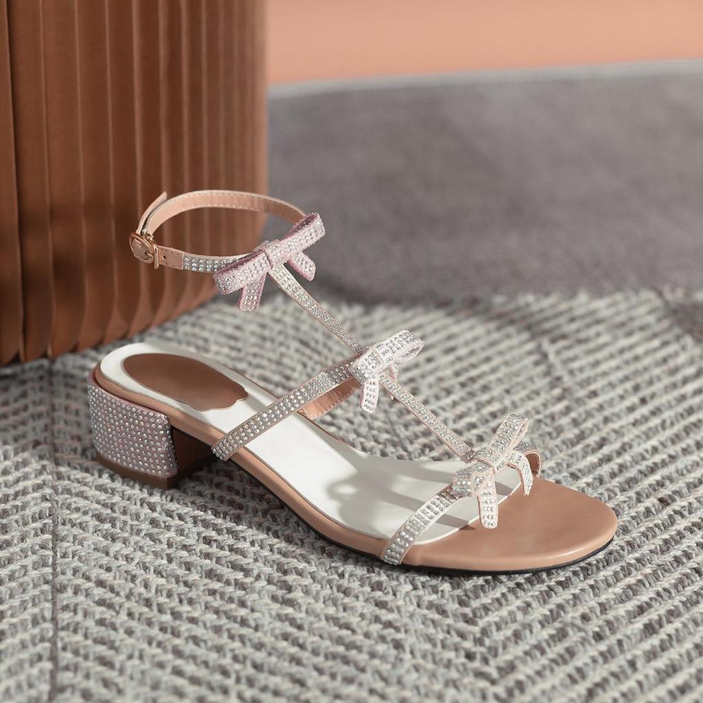 2023 Stylish Rhinestone Bowknot Ankle Strap High Heel Sandals for Women