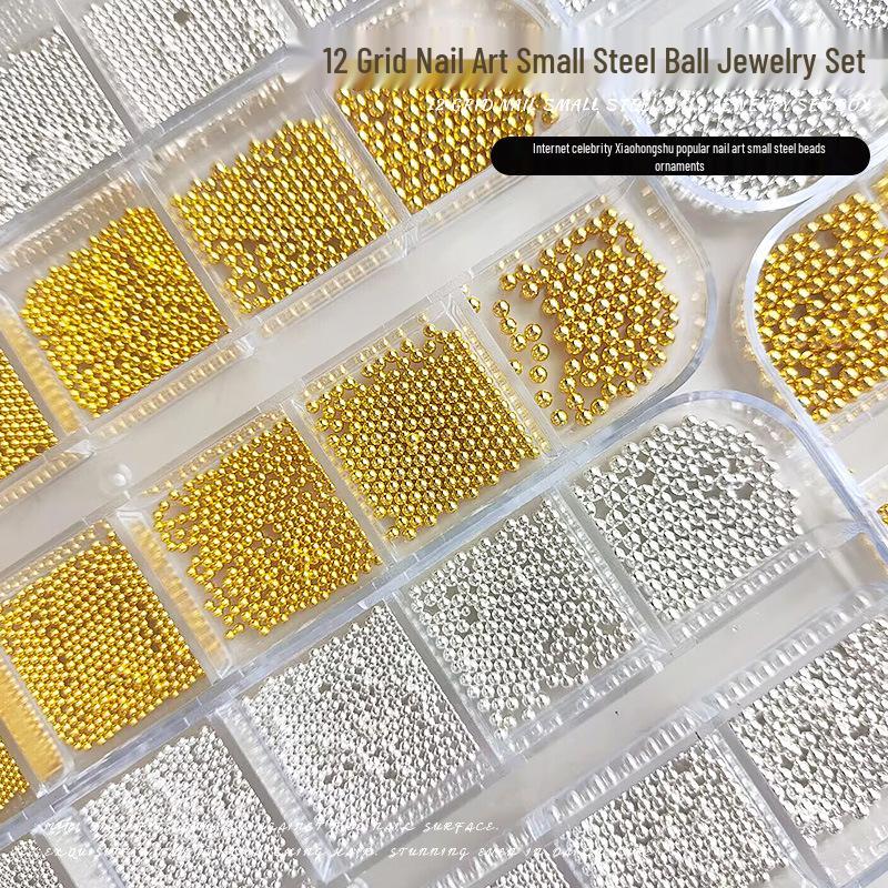 12-Grid Mini Steel Beads Nail Art: Mixed Size Gold & Silver Rhinestones (0.8mm)