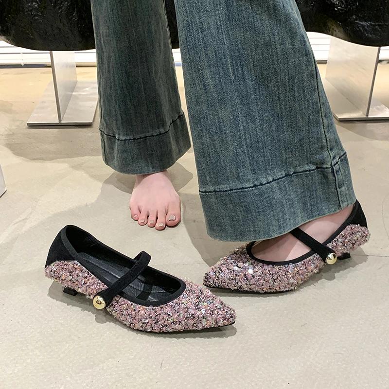 Fashion 2025 Tendencia Spring/Summer New Women's Single Shoes High Quality Sequined Fashion  Jane Shoes Wedding Heels