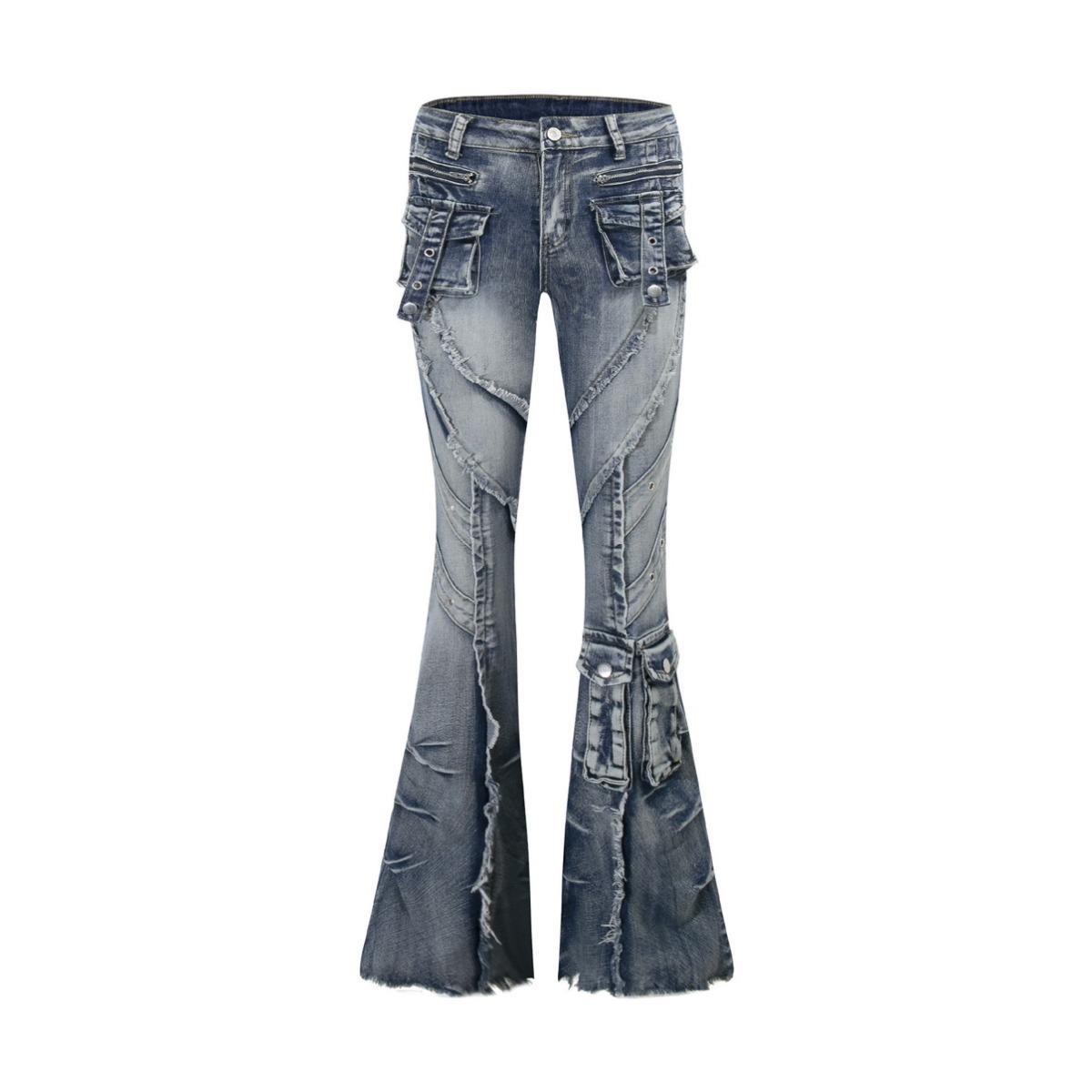 

Autumn Winter Women s Denim Pants Dark Academia Cargo Jean Flared Bell Bottom Designer Kpop Japanese Y2k 2000s Goblin Core XXXL синій