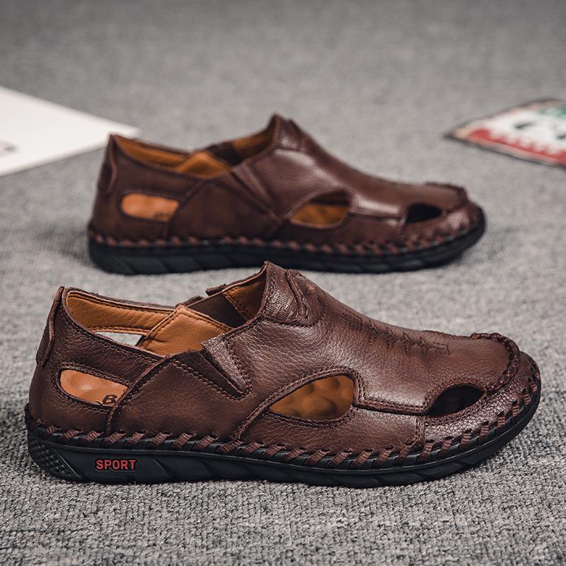 

Летние мужские повседневные кожаные сандалии Мягкие и универсальные Нескользящие пляжные сандалии Мужская обувь 44 темно-коричневого