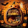 Rustic Halloween Tabletop Decor Centerpiece Pumpkin, Wooden Pumpkin Ornament with Miniature Scenes, Jack-o'-lantern Table Decorations Skeleton